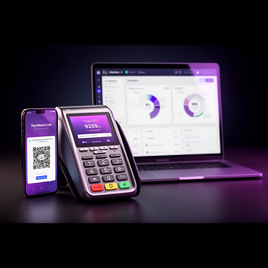 Máquina de cartão, celular com link de pagamento e notebook com dashboard